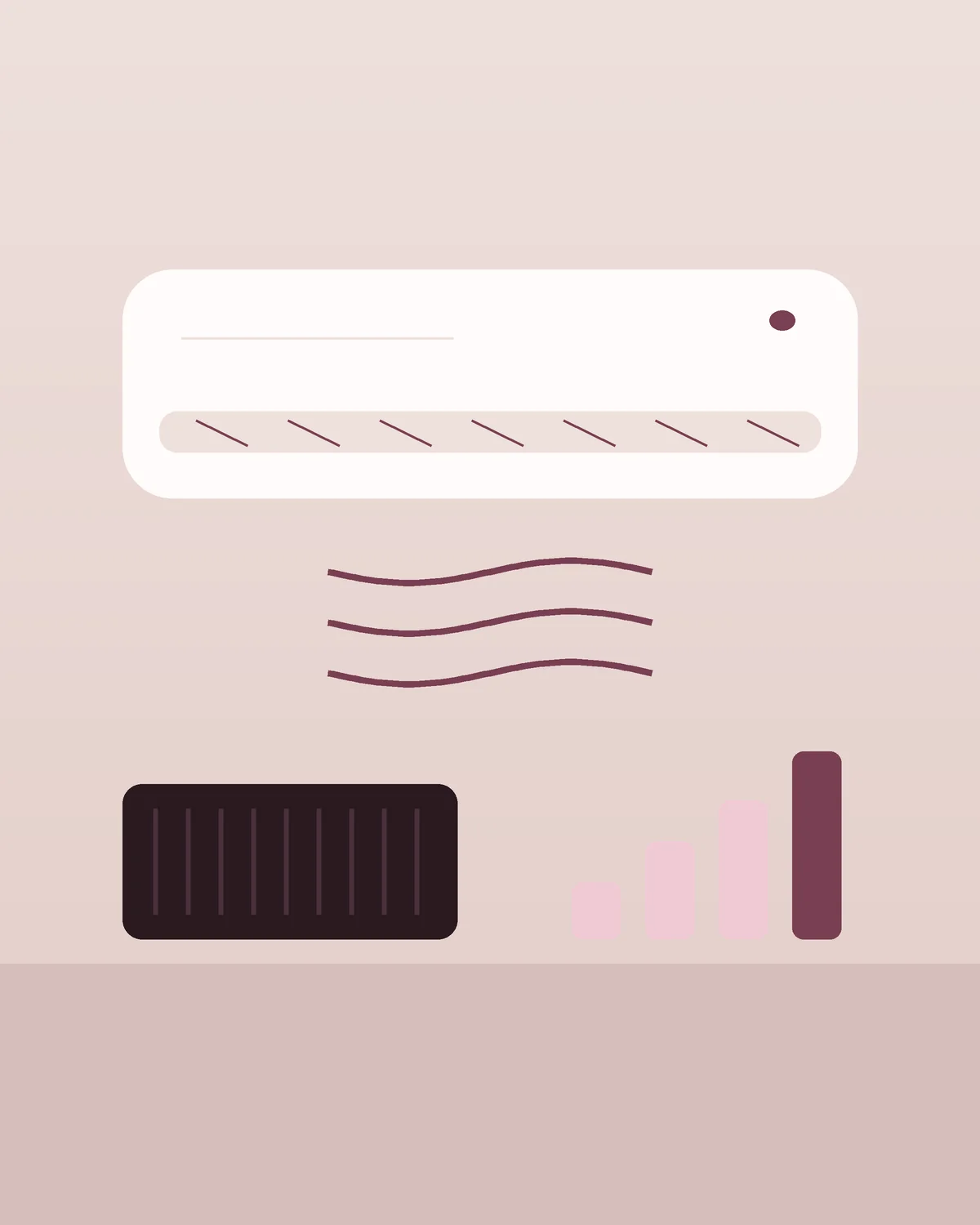 Drawing of an AC unit blowing air above a filter grille and four rising bars